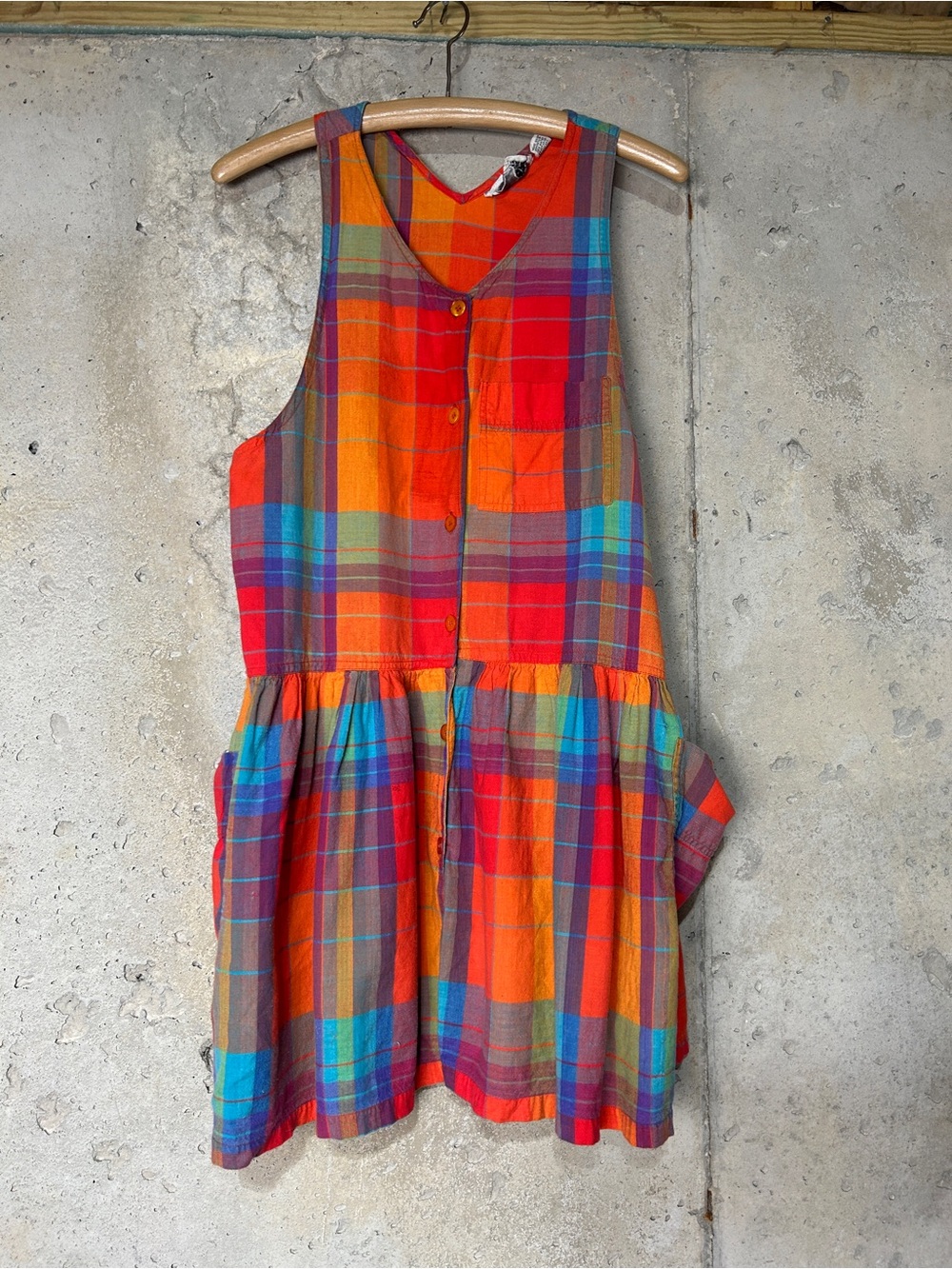Vintage 80s 90s orange blue purple plaid sleeveless jumper dress large